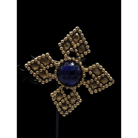 Four Point Dotted Cross Brooch Blue Fauceted Large Rhinestones Gold Tone - Picture 6 of 13